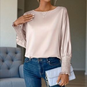 Luxe Elegant Pinkish/Gray Satin Blouse with Ruffled & Smocked Cuffs